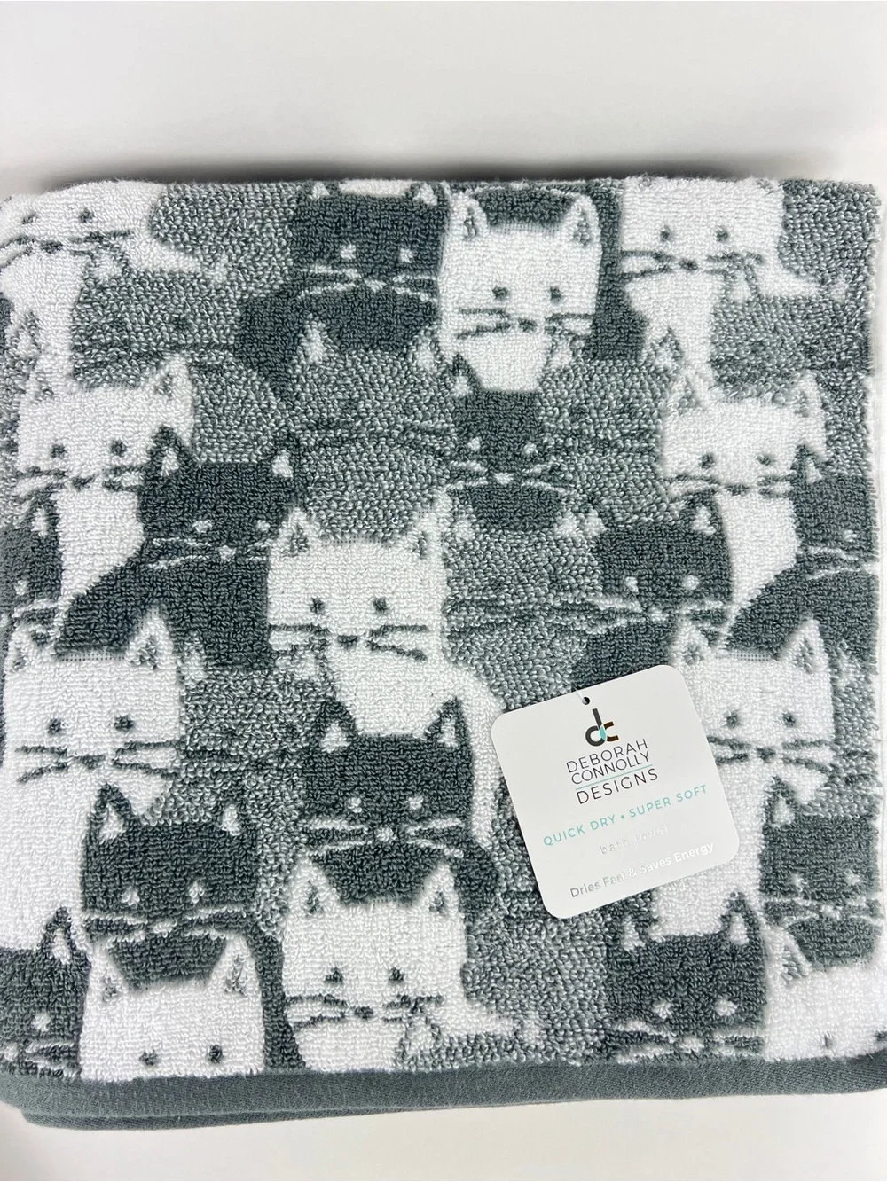 Deborah Connolly Bath Towel Set Gray White Cat Design Cotton Blend 2 Pc NEW